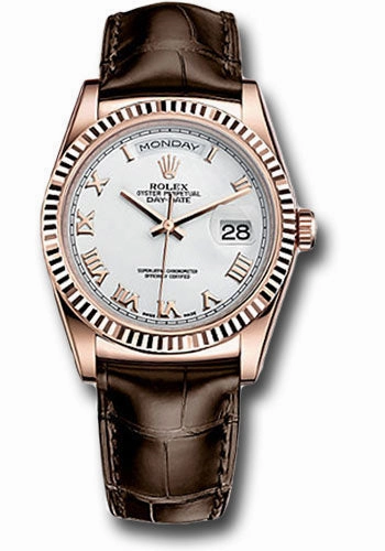 Rolex Everose Gold Day-Date 36 Watch - Fluted Bezel - White Roman Dial - Brown Leather - 118135 wrbr