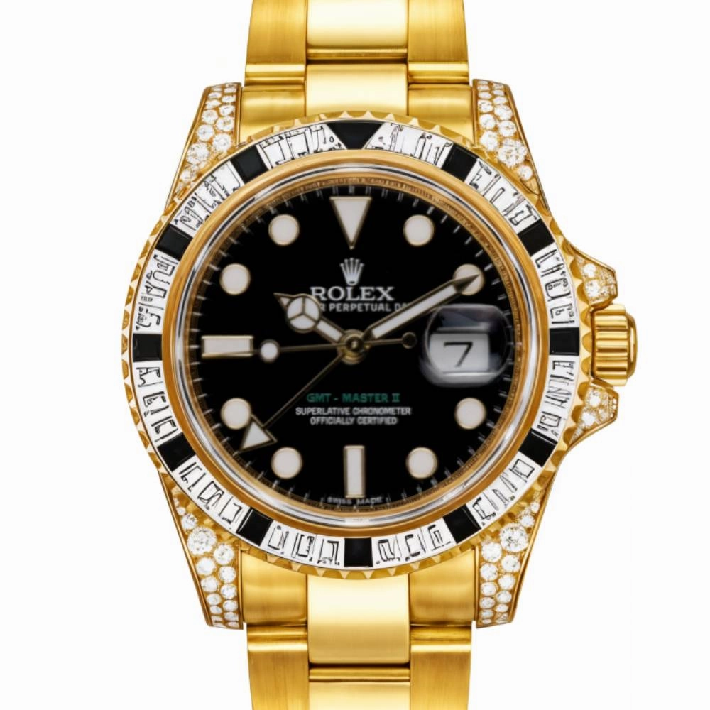 Rolex GMT-Master II 40mm - Ref: 116758SANR - Black Dial, Diamond & Sapphire Bezel, & Diamond Case, 18K Yellow Gold Oyster Bracelet Men's Watch