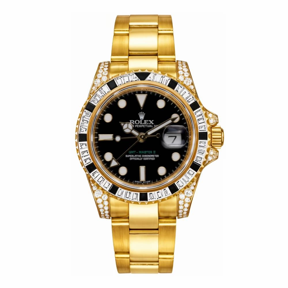 Rolex GMT-Master II 40mm - Ref: 116758SANR - Black Dial, Diamond & Sapphire Bezel, & Diamond Case, 18K Yellow Gold Oyster Bracelet Men's Watch