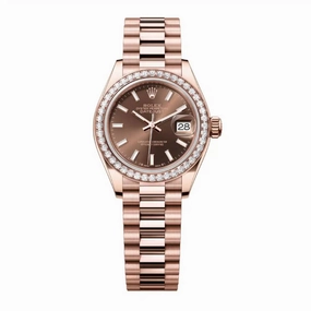 Rolex Lady Datejust 28mm - Ref: 279135rbr-0005 - Chocolate Dial & Diamond Bezel, 18K Rose Gold President Bracelet Women's Watch