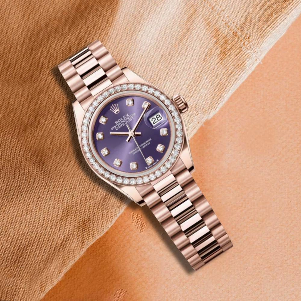 Rolex Lady Datejust 28mm - Ref: 279135rbr-0020 - Aubergine Purple Diamond Dial & Diamond Bezel, 18K Rose Gold President Bracelet Women's Watch