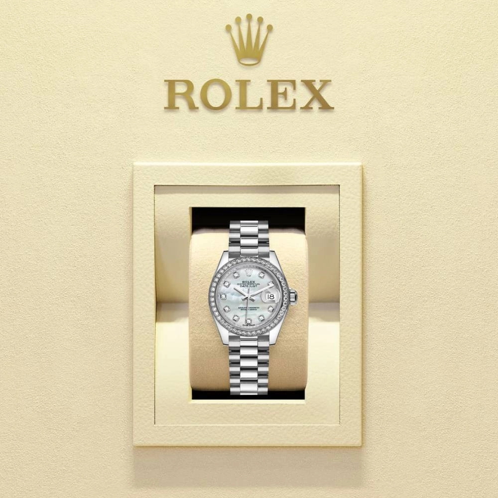 Rolex Lady-Datejust 28mm - Ref: 279136rbr-0008 - White Mother of Pearl Diamond Dial & Diamond Bezel, 18K White Gold Presidential Bracelet Women's Watch