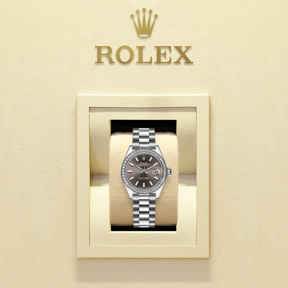 Rolex Lady-Datejust 28mm - Ref: 279136rbr-0009 - Grey Dial & Diamond Bezel, 18K White Gold Presidential Bracelet Women's Watch