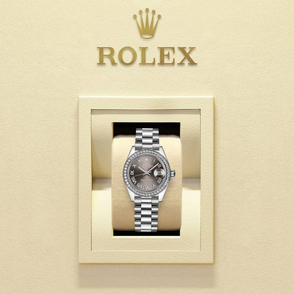 Rolex Lady-Datejust 28mm - Ref: 279136rbr-0010 - Grey Roman Diamond Dial & Diamond Bezel, 18K White Gold Presidential Bracelet Women's Watch