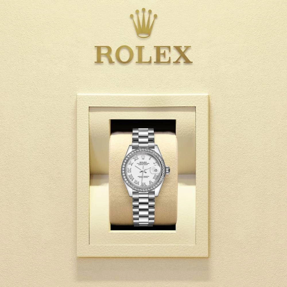 Rolex Lady-Datejust 28mm - Ref: 279136rbr-0013 - White Diamond Dial & Diamond Bezel, 18K White Gold Presidential Bracelet Women's Watch