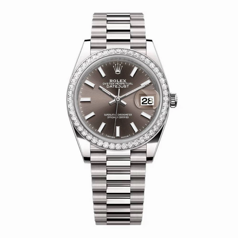 Rolex Lady-Datejust 28mm - Ref: 279136RBR dkgip - Grey Stick Dial & Diamond Bezel, Platinum Presidential Bracelet Women's Watch