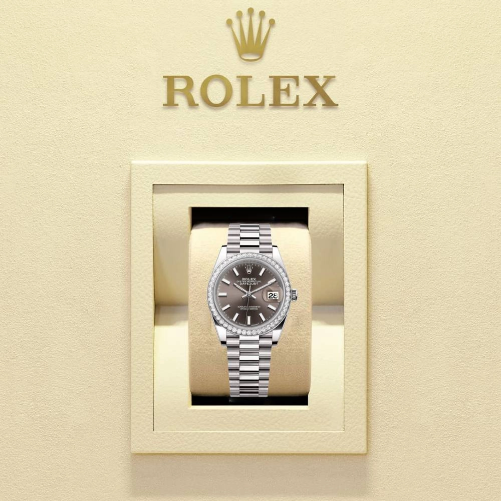 Rolex Lady-Datejust 28mm - Ref: 279136RBR dkgip - Grey Stick Dial & Diamond Bezel, Platinum Presidential Bracelet Women's Watch