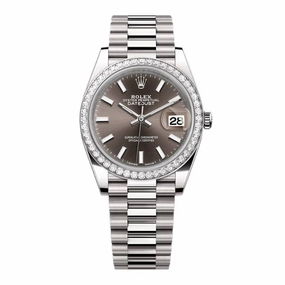 Rolex Lady-Datejust 28mm - Ref: 279136RBR dkgip - Grey Stick Dial & Diamond Bezel, Platinum Presidential Bracelet Women's Watch
