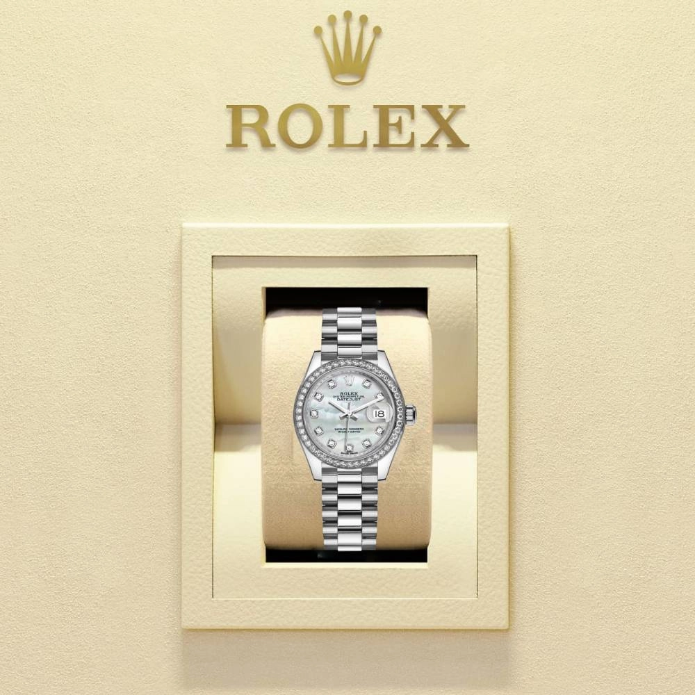 Rolex Lady-Datejust 28mm - Ref: 279136RBR mdp - White Mother of Pearl Diamond Dial & Diamond Bezel, Platinum Presidential Bracelet Women's Watch