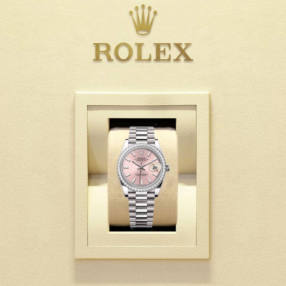Rolex Lady-Datejust 28mm - Ref: 279136RBR pip - Pink Stick Dial & Diamond Bezel, Platinum Presidential Bracelet Women's Watch