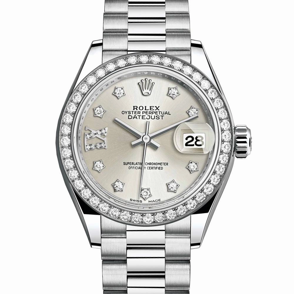 Rolex Lady-Datejust 28mm - Ref: 279136RBR s9dix8dp - Silver Diamond Dial & Diamond Bezel, Platinum Presidential Bracelet Women's Watch