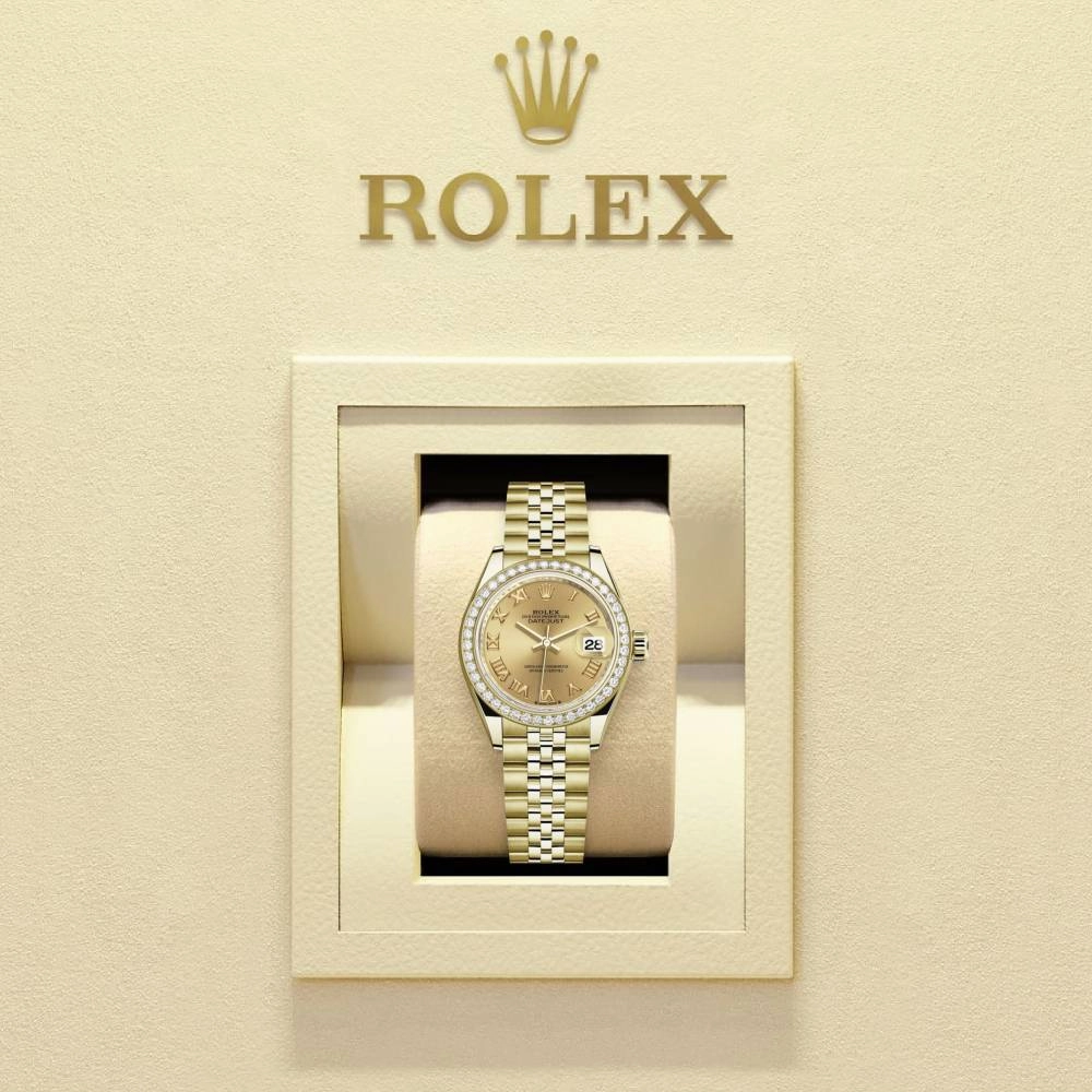 Rolex Lady-Datejust 28mm - Ref: 279138rbr-0022 - Champagne Roman Dial & Diamond Bezel, 18K Yellow Gold Jubilee Bracelet Women's Watch