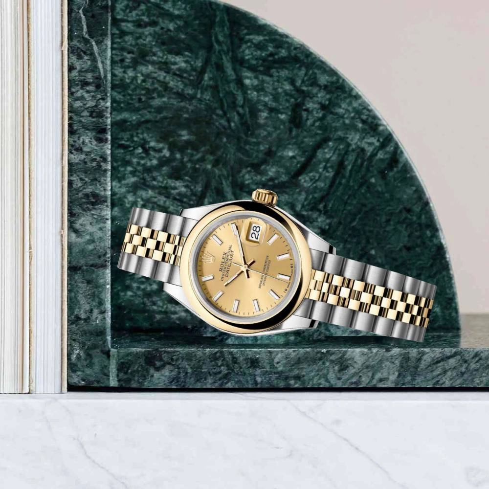 Rolex Lady-Datejust 28mm - Ref: 279163-0001 - Champagne Stick Dial, Two Tone Stainless Steel & 18K Yellow Gold Jubilee Bracelet Women's Watch