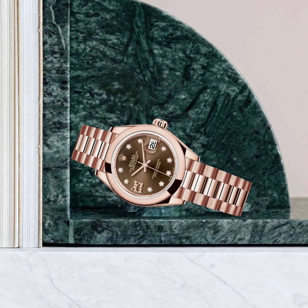 Rolex Lady Datejust 28mm - Ref: 279165-0002 - Chocolate Diamond Dial, 18K Rose Gold President Bracelet Women's Watch