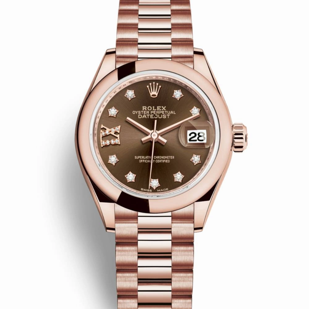 Rolex Lady Datejust 28mm - Ref: 279165-0002 - Chocolate Diamond Dial, 18K Rose Gold President Bracelet Women's Watch