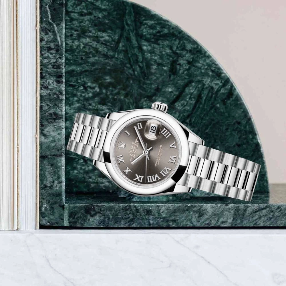 Rolex Lady-Datejust 28mm - Ref: 279166-0010 - Grey Roman Dial, Platinum Presidential Bracelet Women's Watch