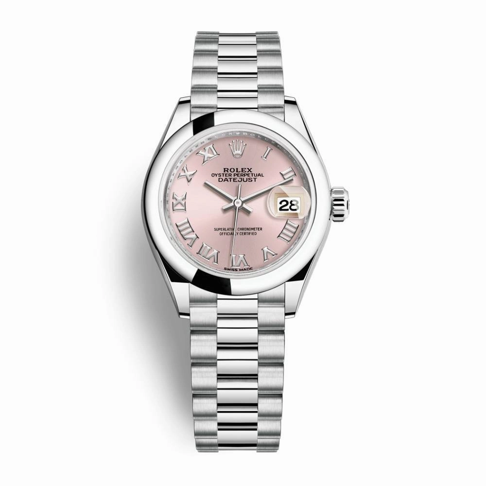 Rolex Lady-Datejust 28mm - Ref: 279166-0012 - Pink Roman Dial, Platinum President Bracelet Women's Watch