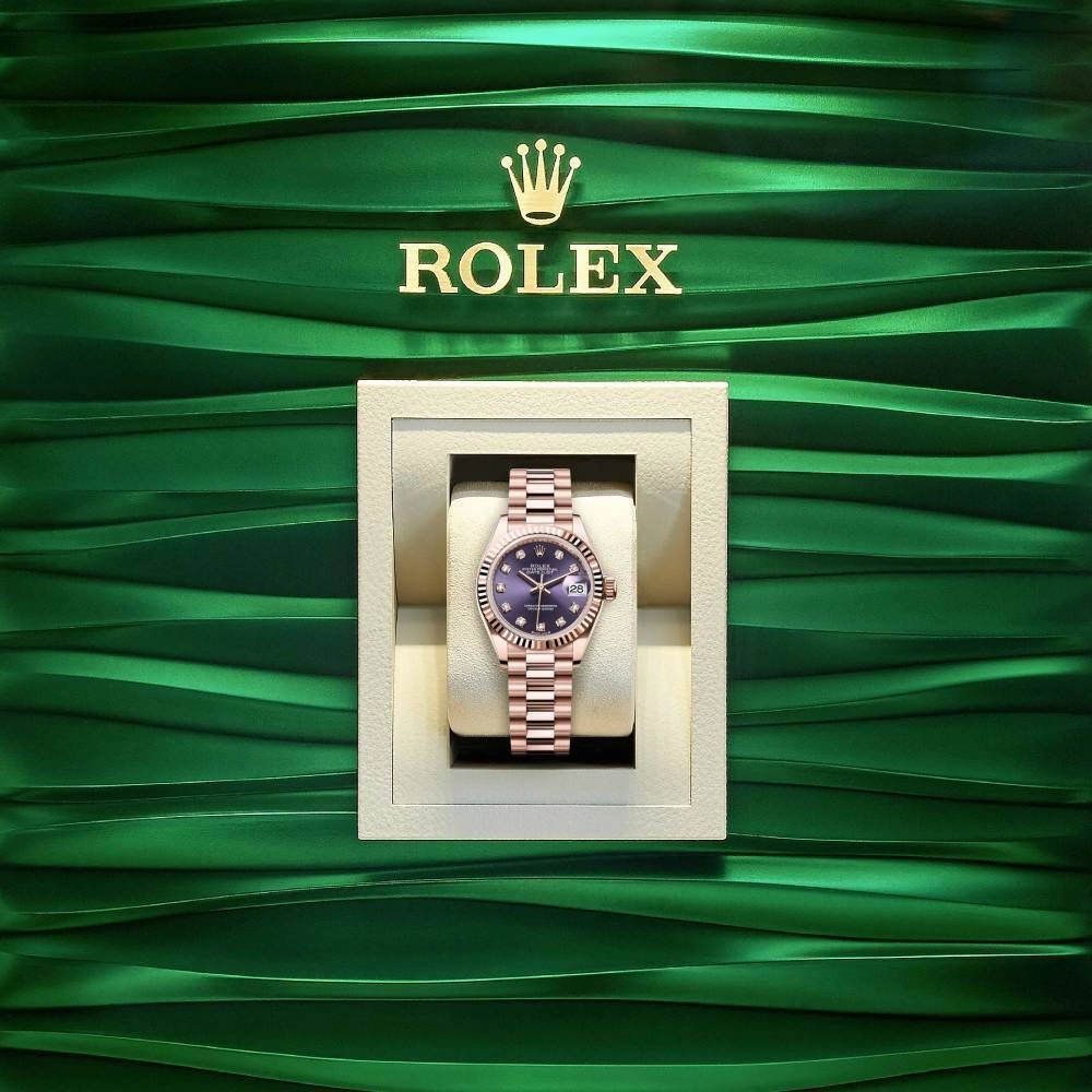 Rolex Lady Datejust 28mm - Ref: 279175-0019 - Aubergine Purple Diamond Dial, 18K Rose Gold President Bracelet Women's Watch