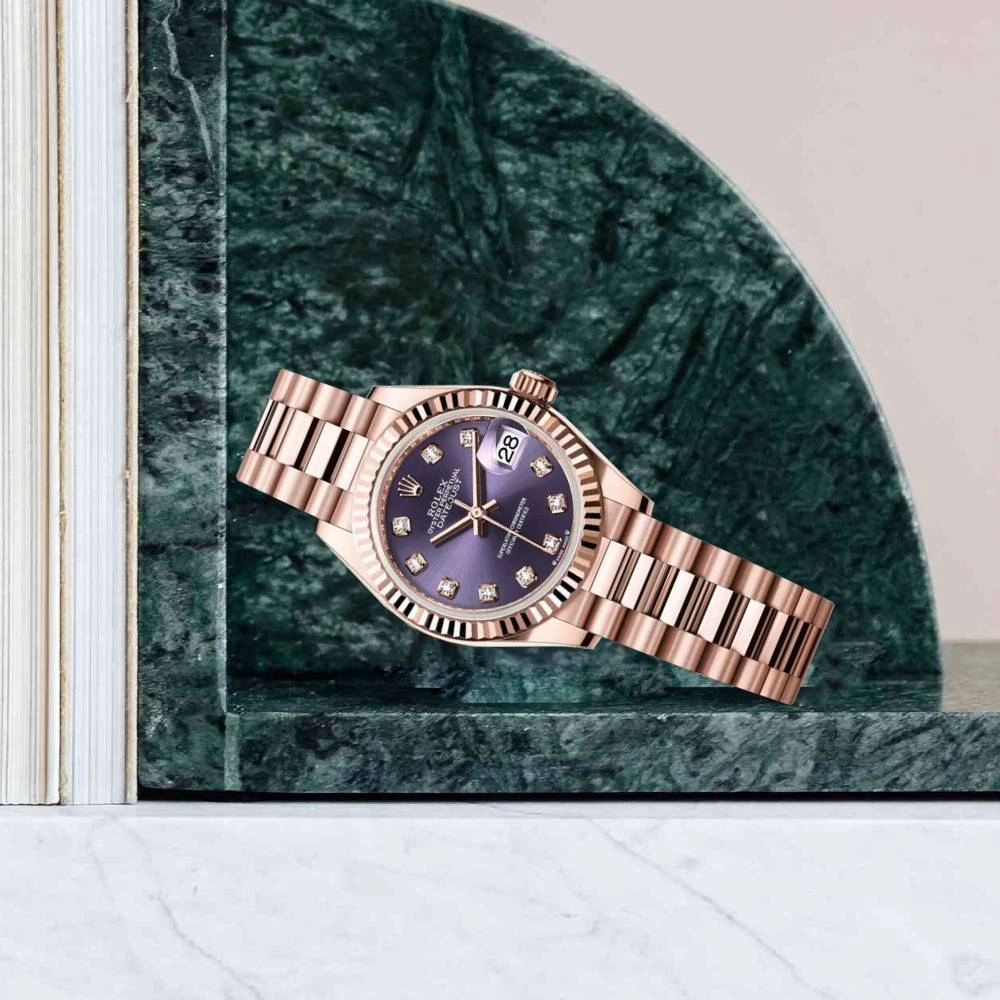 Rolex Lady Datejust 28mm - Ref: 279175-0019 - Aubergine Purple Diamond Dial, 18K Rose Gold President Bracelet Women's Watch