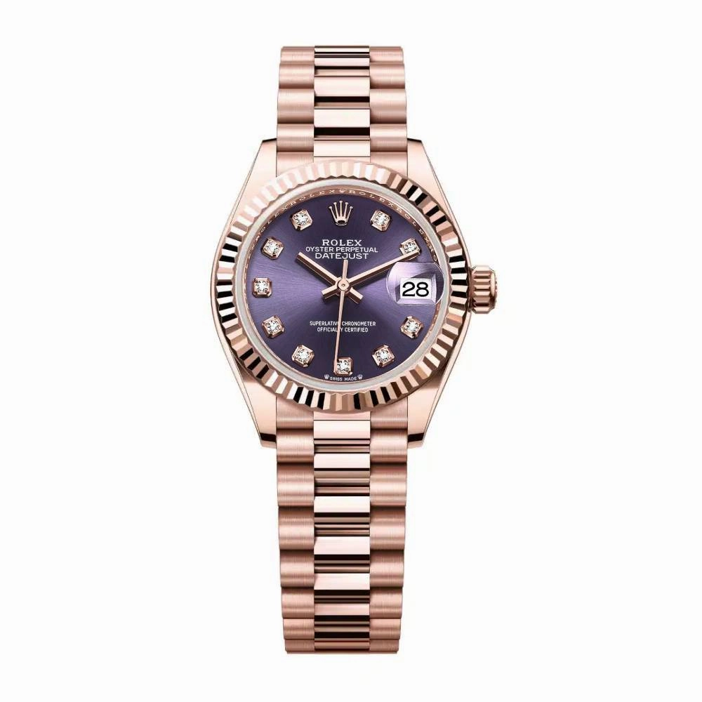 Rolex Lady Datejust 28mm - Ref: 279175-0019 - Aubergine Purple Diamond Dial, 18K Rose Gold President Bracelet Women's Watch