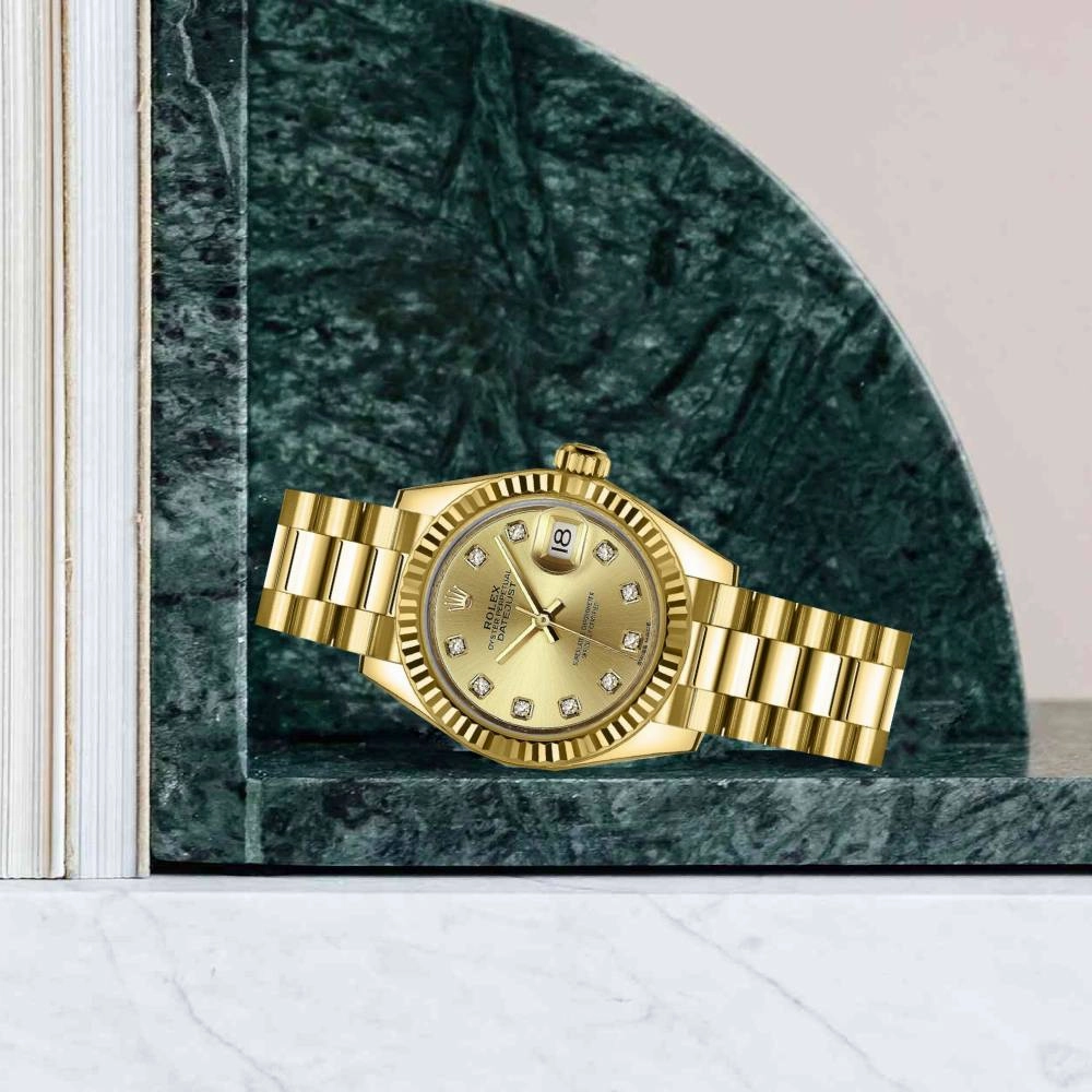 Rolex Lady Datejust 28mm - Ref: 279178-0017 - Champagne Dial, 18K Yellow Gold President Bracelet Women's Watch