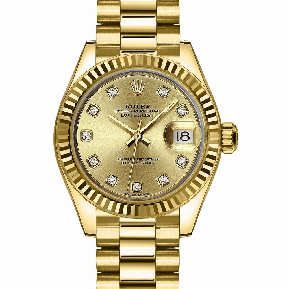 Rolex Lady Datejust 28mm - Ref: 279178-0017 - Champagne Dial, 18K Yellow Gold President Bracelet Women's Watch