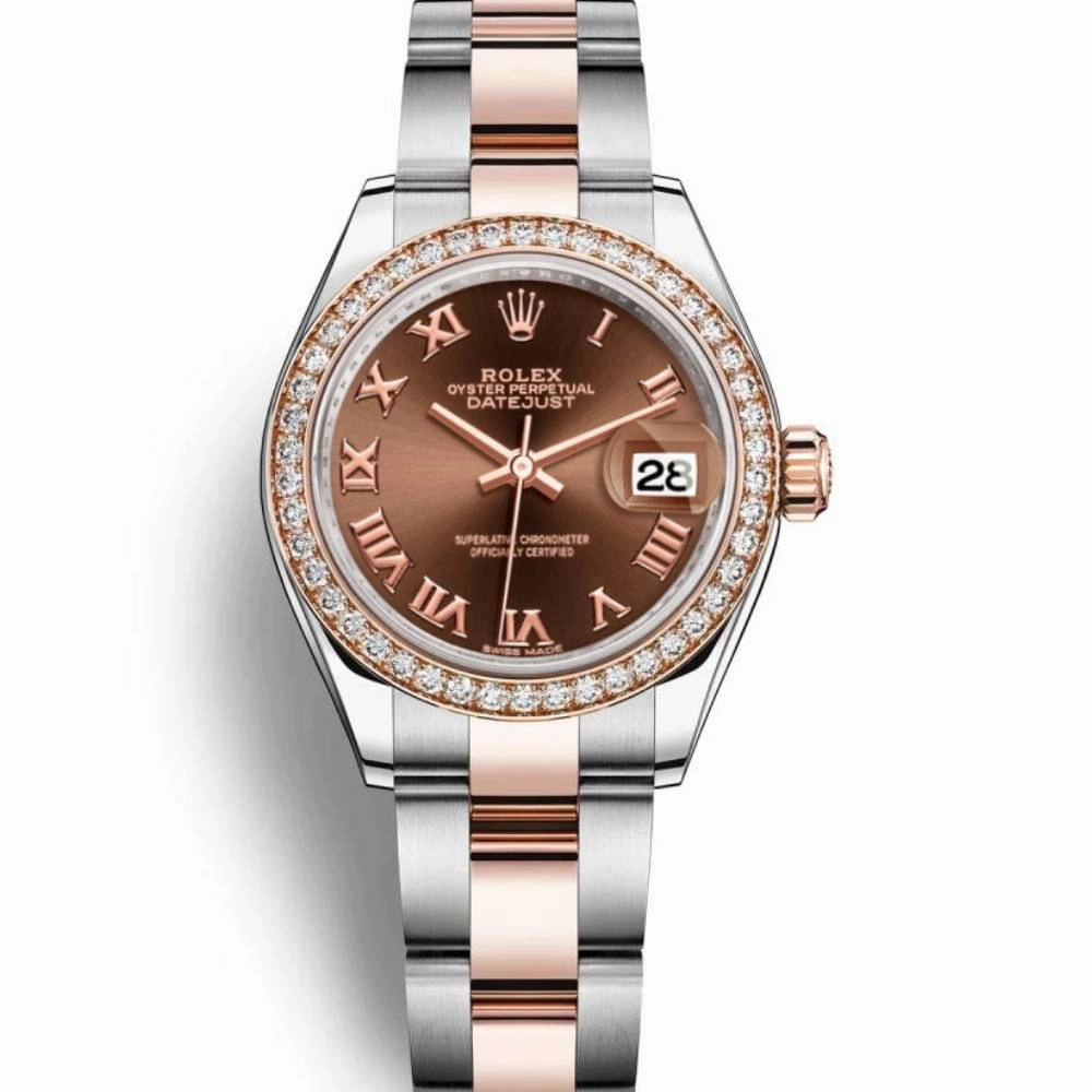 Rolex Lady-Datejust 28mm - Ref: 279381rbr-0010 - Chocolate Roman Dial & Diamond Bezel, Two Tone Stainless Steel & 18K Rose Gold Oyster Bracelet Women's Watch