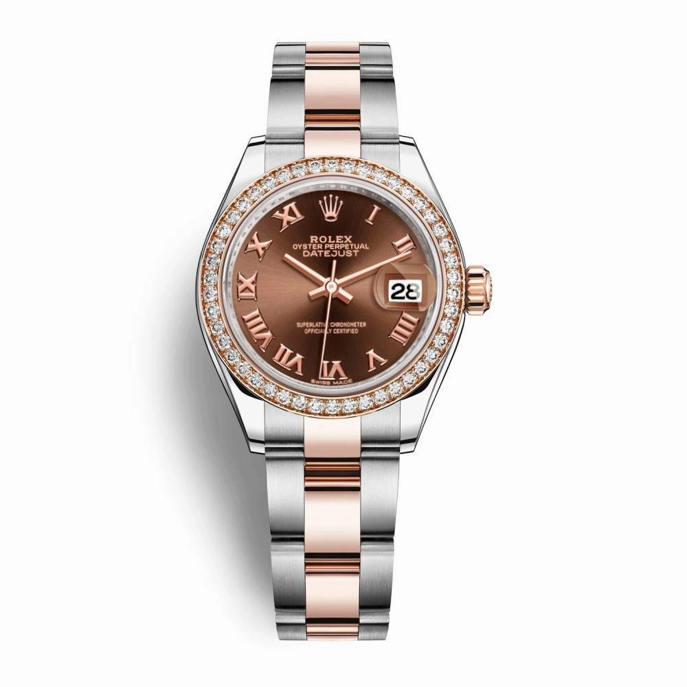 Rolex Lady-Datejust 28mm - Ref: 279381rbr-0010 - Chocolate Roman Dial & Diamond Bezel, Two Tone Stainless Steel & 18K Rose Gold Oyster Bracelet Women's Watch
