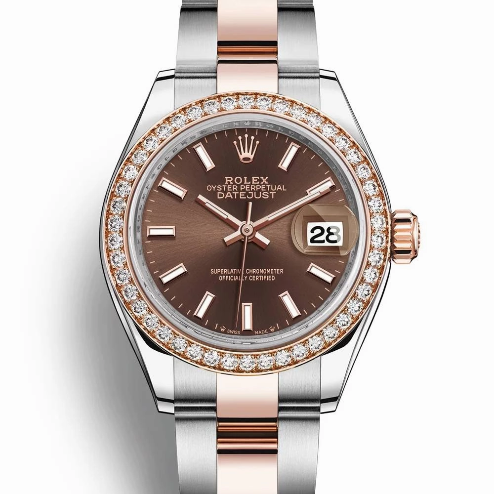 Rolex Lady-Datejust 28mm - Ref: 279381rbr-0018 - Chocolate Stick Dial & Diamond Bezel, Two Tone Stainless Steel & 18K Rose Gold Oyster Bracelet Women's Watch