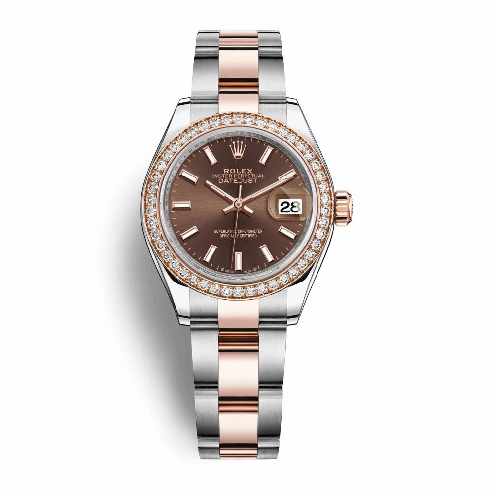 Rolex Lady-Datejust 28mm - Ref: 279381rbr-0018 - Chocolate Stick Dial & Diamond Bezel, Two Tone Stainless Steel & 18K Rose Gold Oyster Bracelet Women's Watch