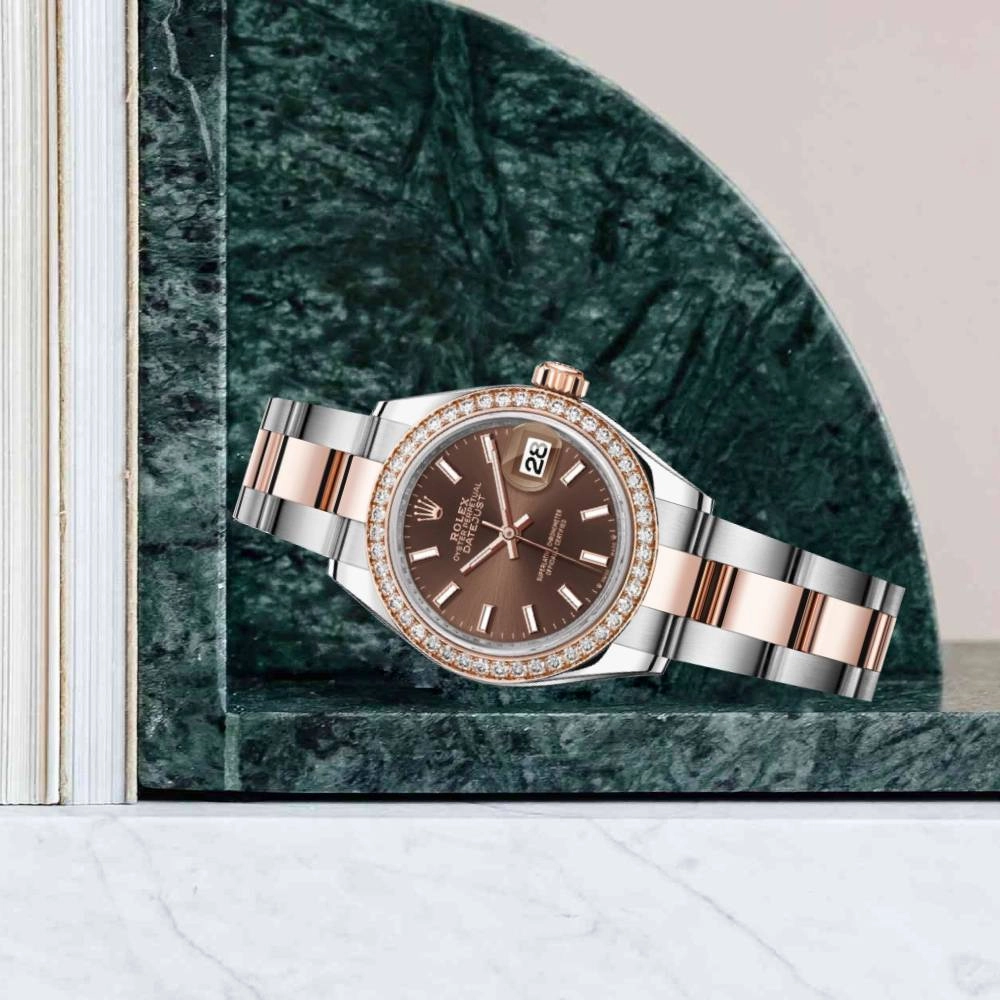 Rolex Lady-Datejust 28mm - Ref: 279381rbr-0018 - Chocolate Stick Dial & Diamond Bezel, Two Tone Stainless Steel & 18K Rose Gold Oyster Bracelet Women's Watch