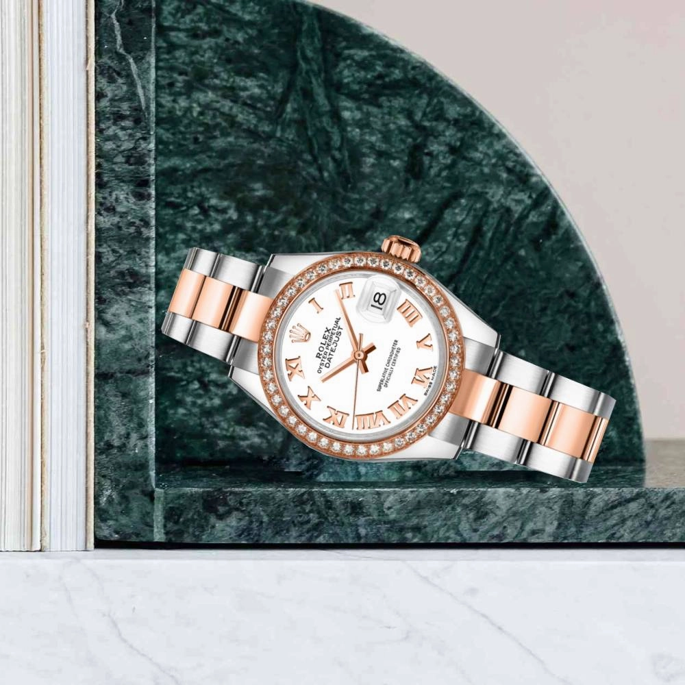 Rolex Lady-Datejust 28mm - Ref: 279381rbr-0022 - White Roman Dial & Diamond Bezel, Two Tone Stainless Steel & 18K Rose Gold Oyster Bracelet Women's Watch