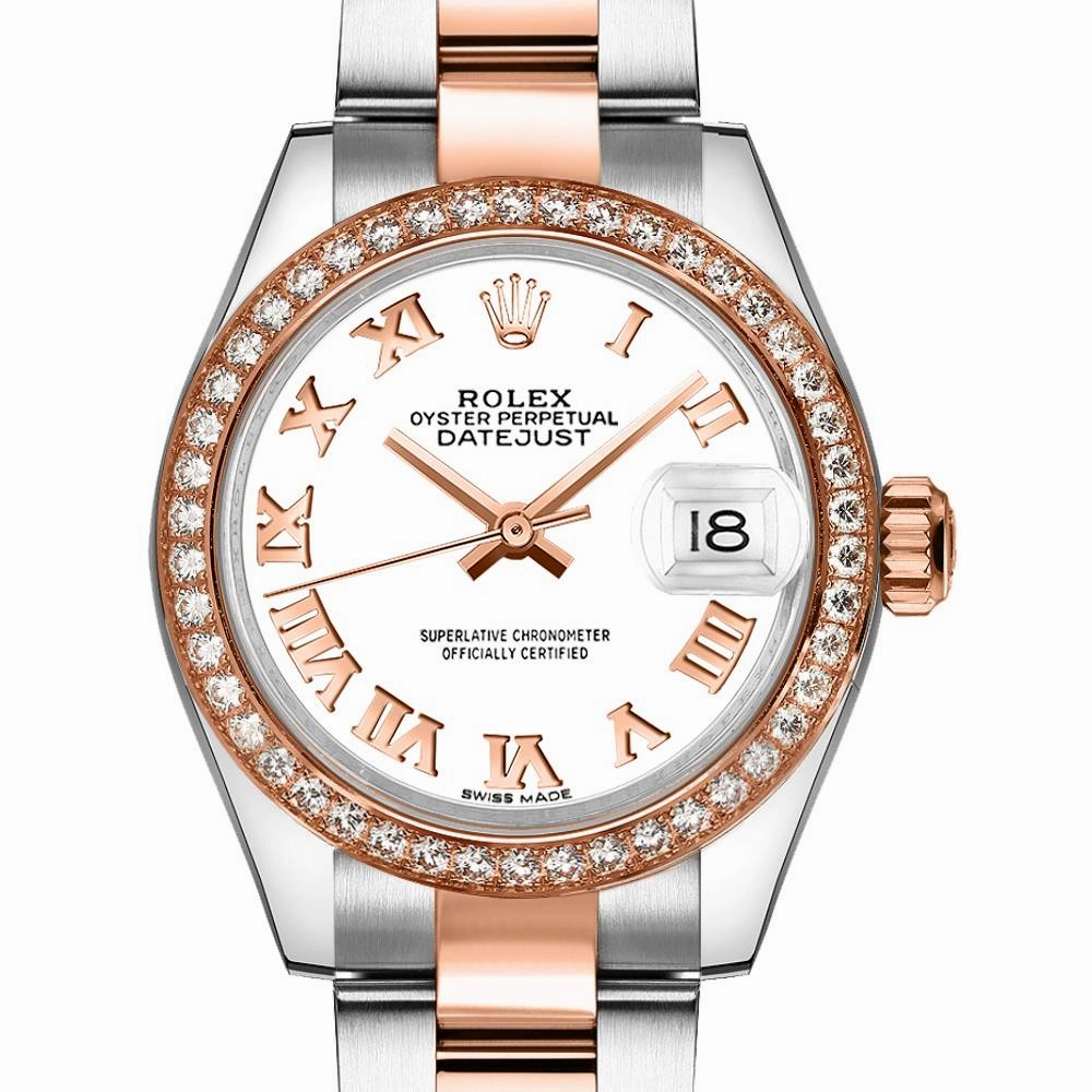 Rolex Lady-Datejust 28mm - Ref: 279381rbr-0022 - White Roman Dial & Diamond Bezel, Two Tone Stainless Steel & 18K Rose Gold Oyster Bracelet Women's Watch