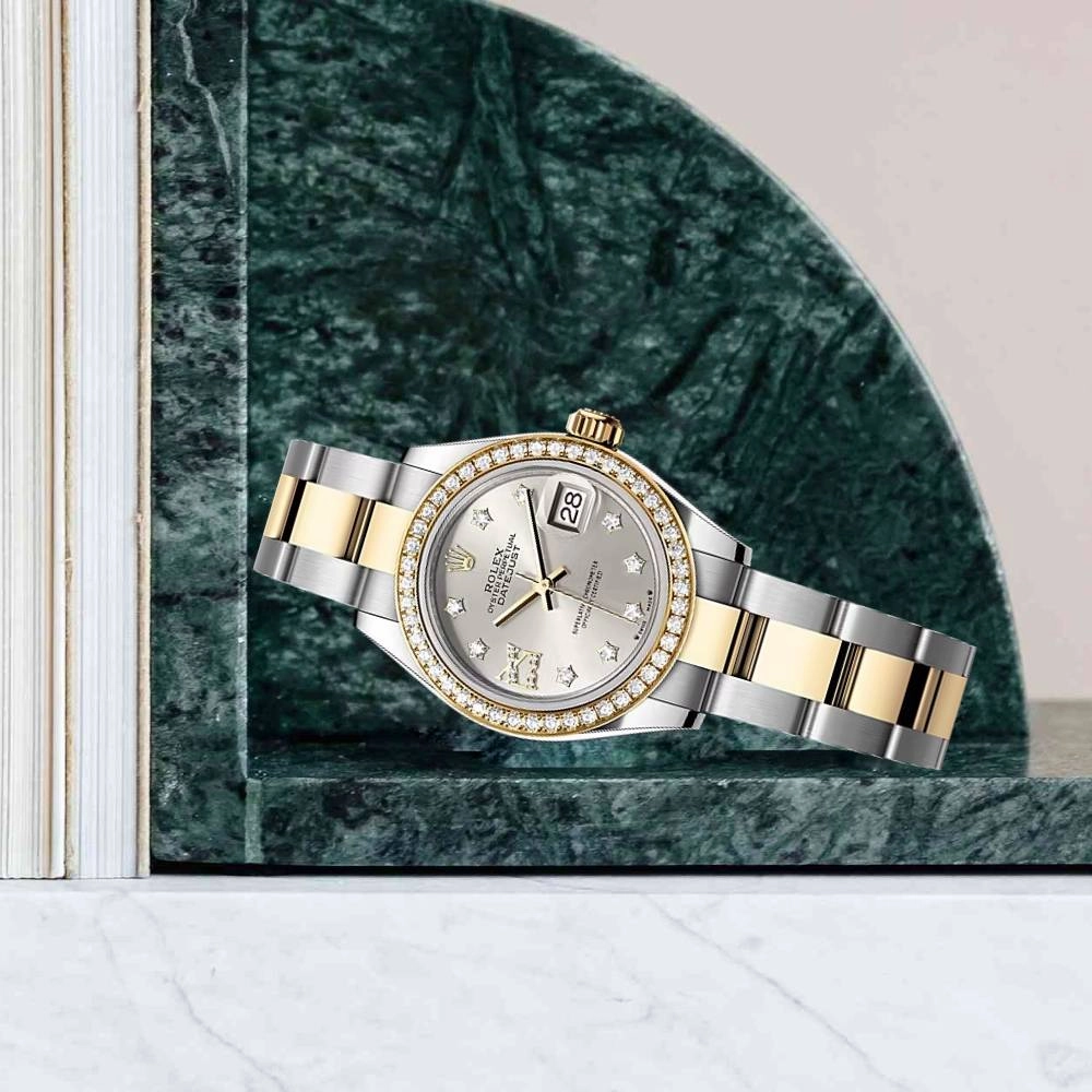 Rolex Lady-Datejust 28mm - Ref: 279383rbr-0004 - Silver Diamond Dial & Diamond Bezel, Two Tone Stainless Steel & 18K Yellow Gold Oyster Bracelet Women's Watch