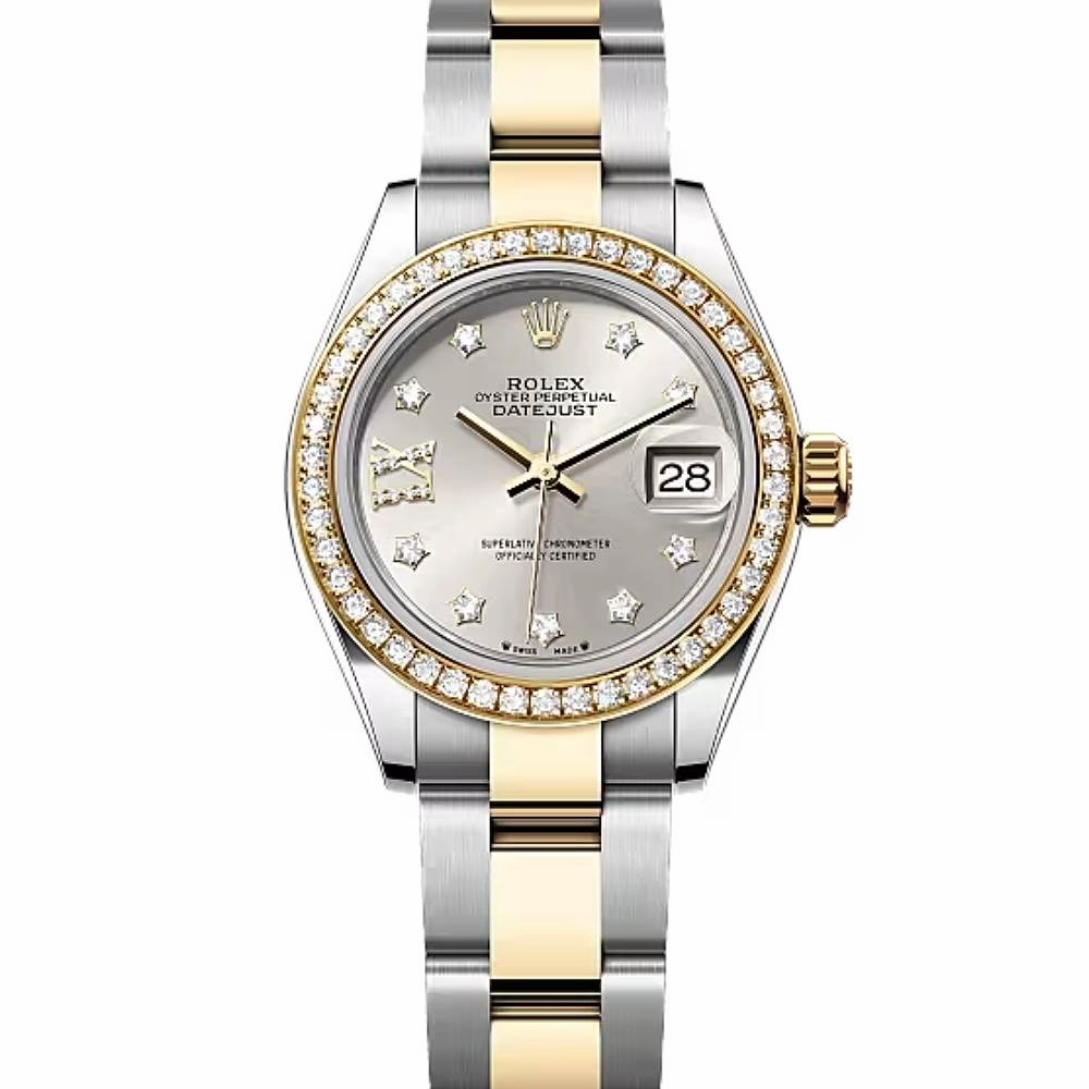 Rolex Lady-Datejust 28mm - Ref: 279383rbr-0004 - Silver Diamond Dial & Diamond Bezel, Two Tone Stainless Steel & 18K Yellow Gold Oyster Bracelet Women's Watch