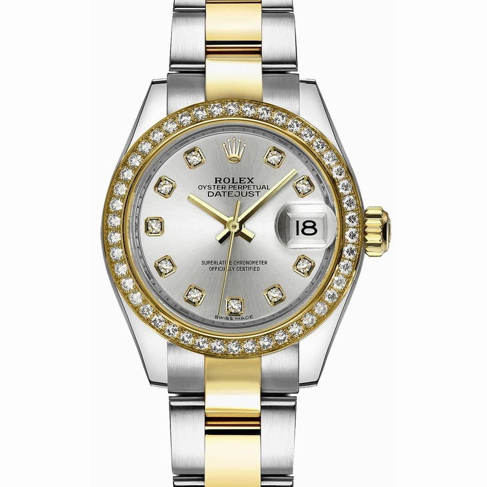 Rolex Lady-Datejust 28mm - Ref: 279383rbr-0008 - Silver Diamond Dial & Diamond Bezel, Two Tone Stainless Steel & 18K Yellow Gold Oyster Bracelet Women's Watch