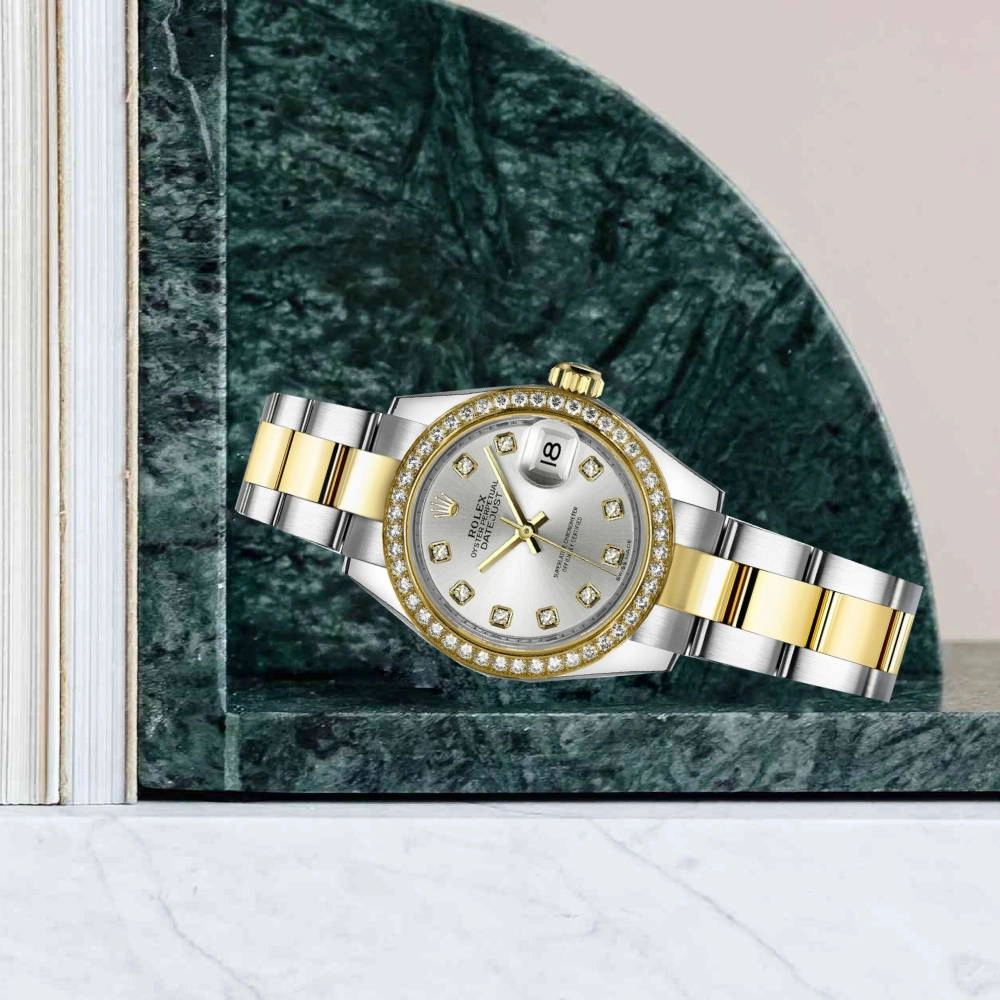 Rolex Lady-Datejust 28mm - Ref: 279383rbr-0008 - Silver Diamond Dial & Diamond Bezel, Two Tone Stainless Steel & 18K Yellow Gold Oyster Bracelet Women's Watch