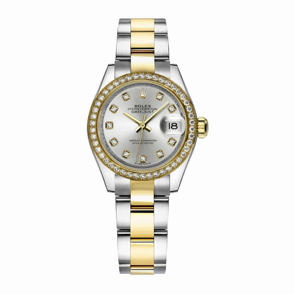 Rolex Lady-Datejust 28mm - Ref: 279383rbr-0008 - Silver Diamond Dial & Diamond Bezel, Two Tone Stainless Steel & 18K Yellow Gold Oyster Bracelet Women's Watch