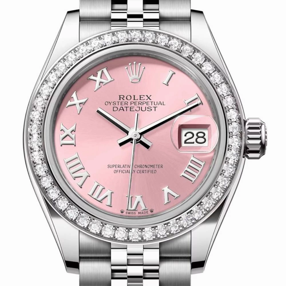 Rolex Lady-Datejust 28mm - Ref: 279384rbr-0005 - Pink Roman Dial & Diamond Bezel, Stainless Steel Jubilee Bracelet Women's Watch