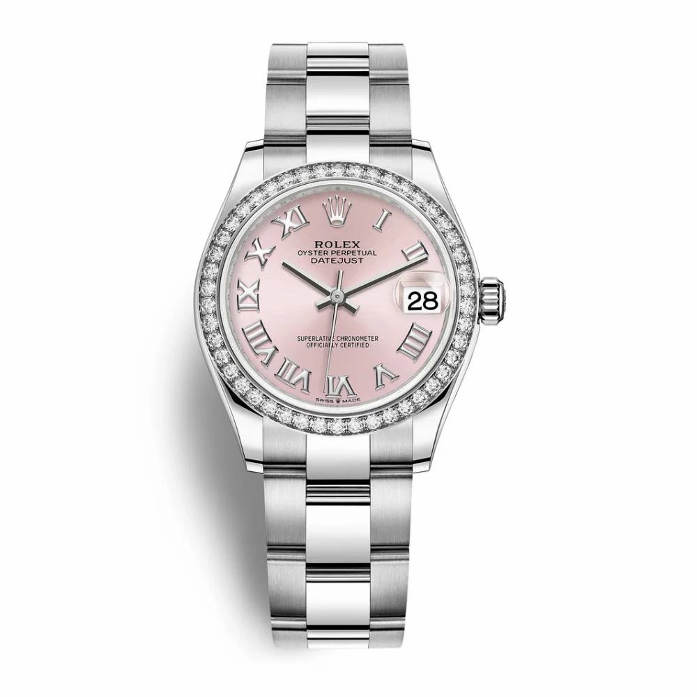 Rolex Lady-Datejust 28mm - Ref: 279384rbr-0006 - Pink Roman Dial & Diamond Bezel, Stainless Steel Oyster Bracelet Women's Watch