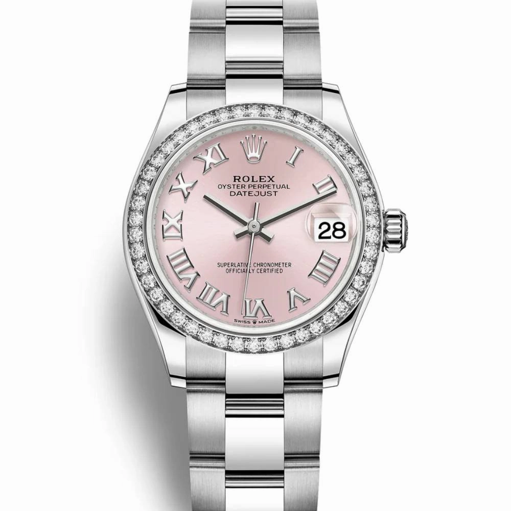 Rolex Lady-Datejust 28mm - Ref: 279384rbr-0006 - Pink Roman Dial & Diamond Bezel, Stainless Steel Oyster Bracelet Women's Watch
