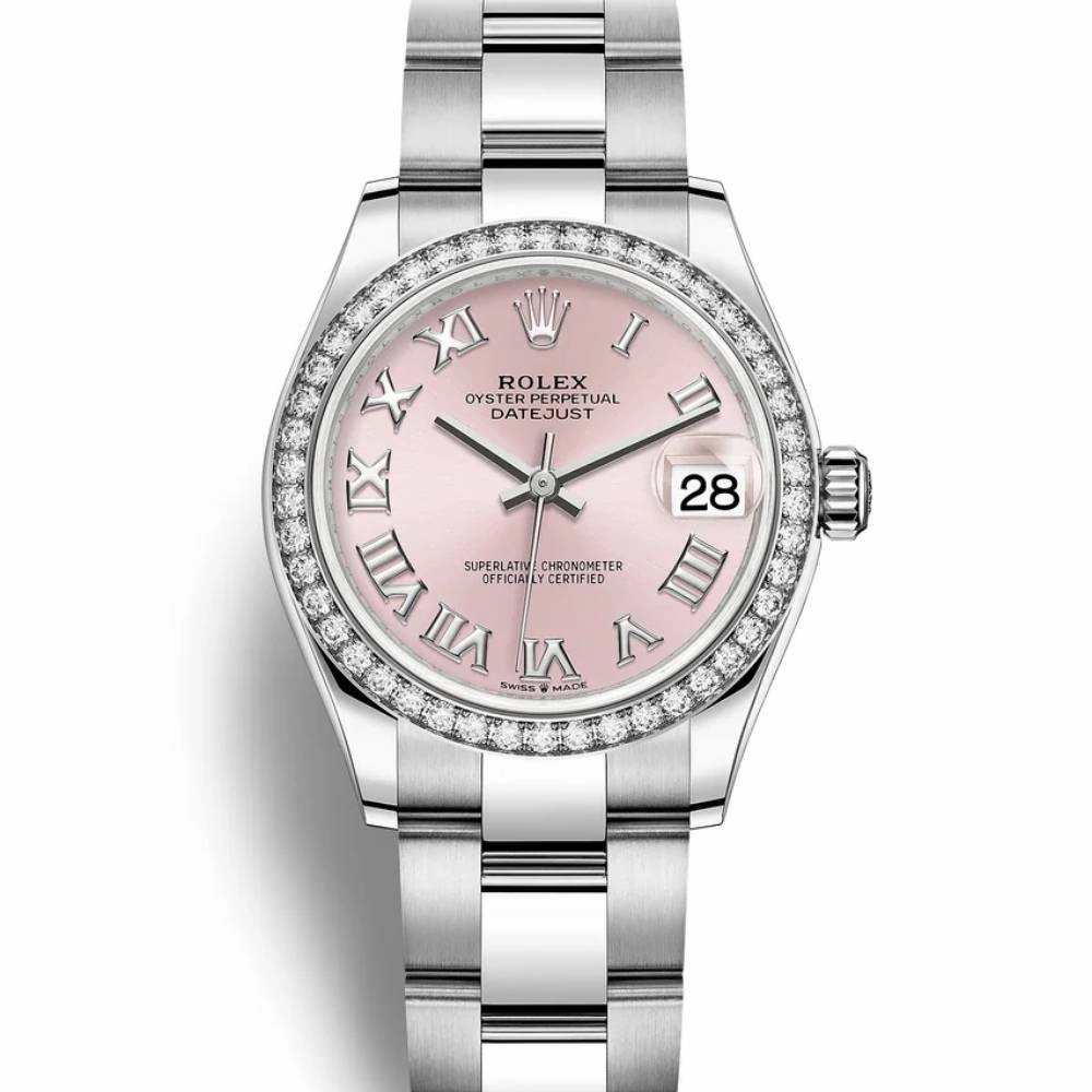 Rolex Lady-Datejust 28mm - Ref: 279384rbr-0006 - Pink Roman Dial & Diamond Bezel, Stainless Steel Oyster Bracelet Women's Watch