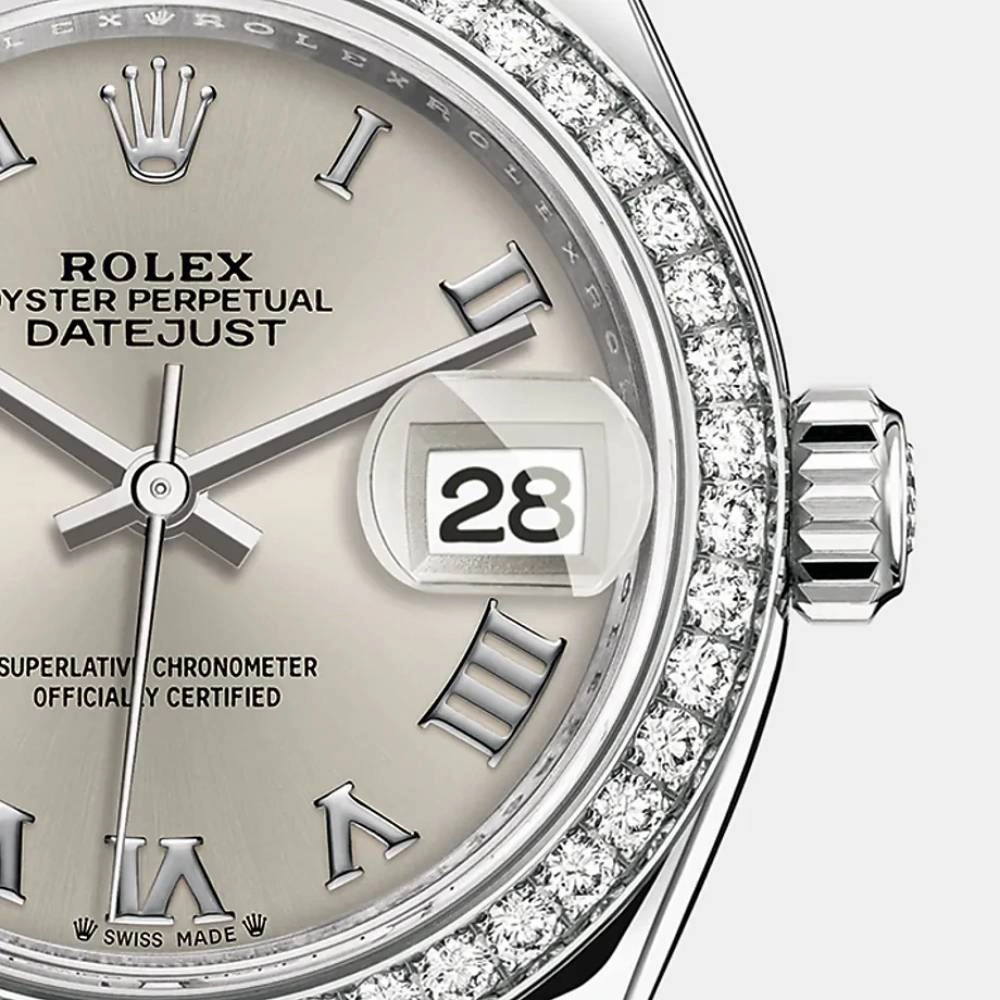 Rolex Lady-Datejust 28mm - Ref: 279384rbr-0010 - Silver Roman Dial & Diamond Bezel, Stainless Steel Oyster Bracelet Women's Watch