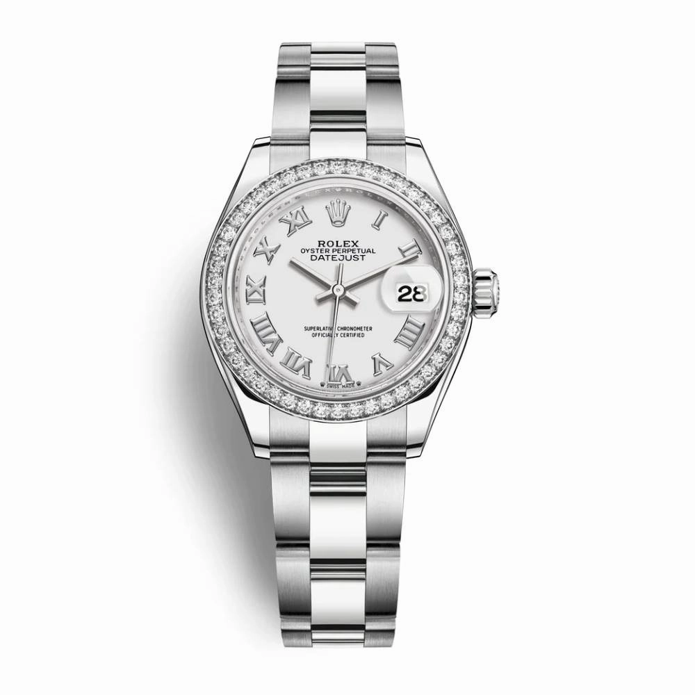 Rolex Lady-Datejust 28mm - Ref: 279384rbr-0020 - White Roman Dial & Diamond Bezel, Stainless Steel Oyster Bracelet Women's Watch