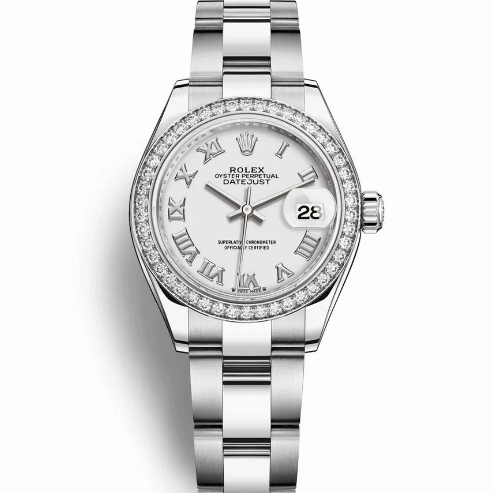 Rolex Lady-Datejust 28mm - Ref: 279384rbr-0020 - White Roman Dial & Diamond Bezel, Stainless Steel Oyster Bracelet Women's Watch