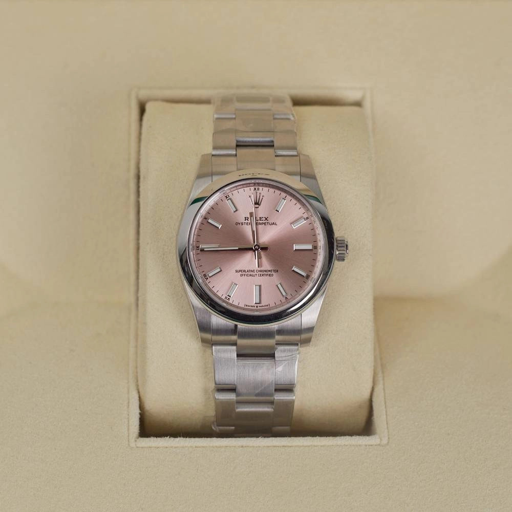Rolex Oyster Perpetual 34mm - Ref: 124200-0004 - Pink Stick Dial, Stainless Steel Oyster Bracelet Watch