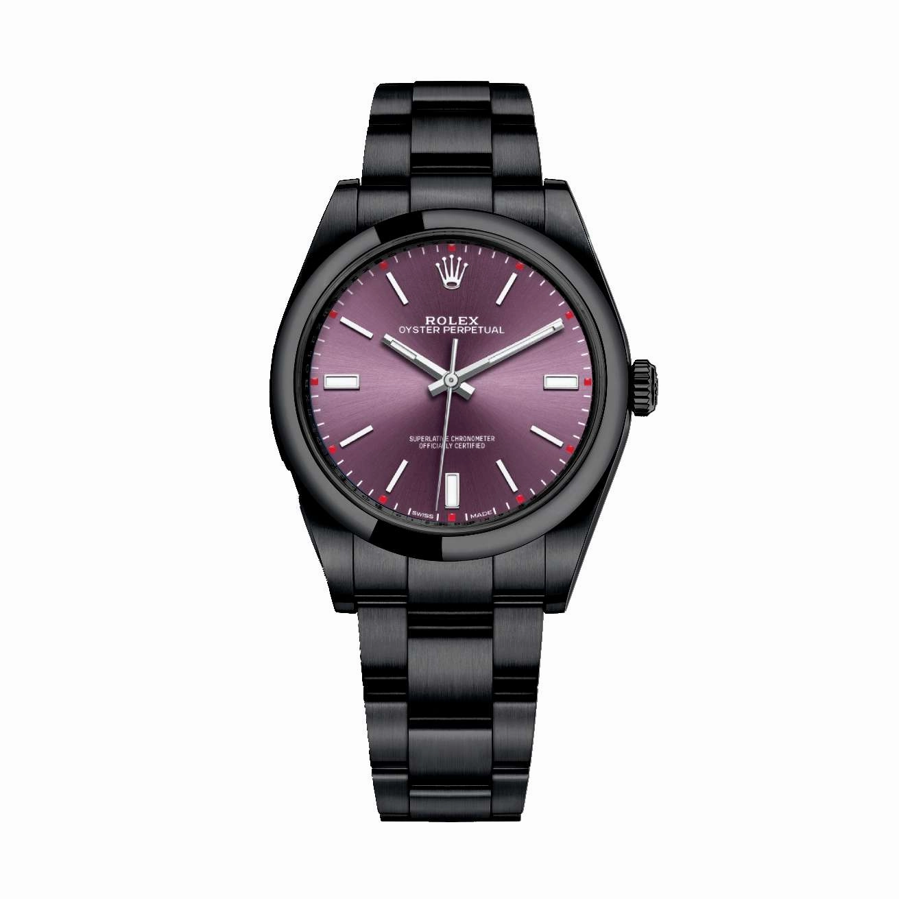 Rolex Oyster Perpetual 39mm - Ref: 114300-0002-pvd-2 - Red Grape Stick Dial, Black PVD Stainless Steel Oyster Bracelet Watch
