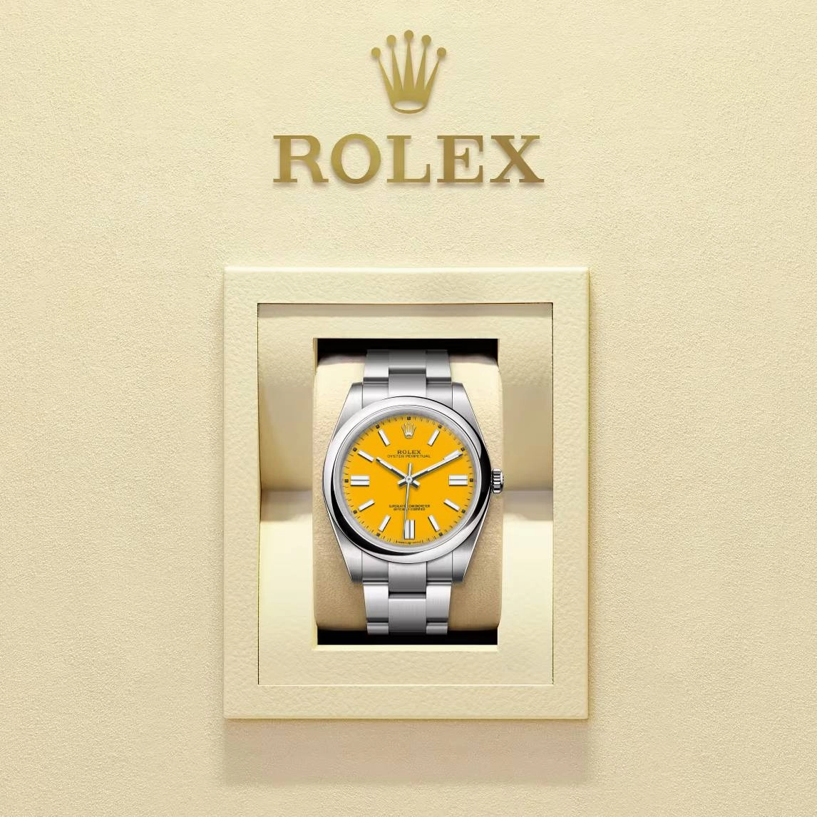 Rolex Oyster Perpetual 41mm | Stainless steel bracelet | Yellow dial Smooth bezel | Men's Watch 124300-0004