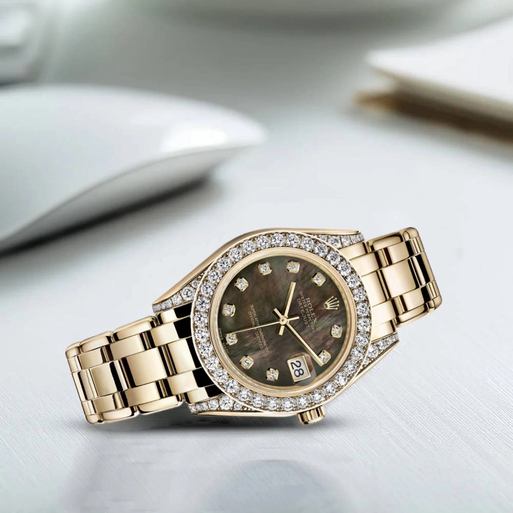 Rolex Pearlmaster 34mm - Ref: 81158-0066 - Black Mother of Pearl Diamond Dial, Diamond Bezel & Diamond Case, 18K Yellow Gold Bracelet Women's Watch