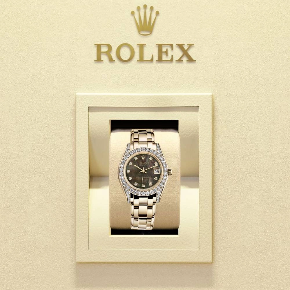 Rolex Pearlmaster 34mm - Ref: 81158-0066 - Black Mother of Pearl Diamond Dial, Diamond Bezel & Diamond Case, 18K Yellow Gold Bracelet Women's Watch